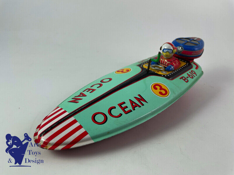 Antique toy Bandai B619 Tin Ocean Speed Boat Japan friction 30cm around 1950