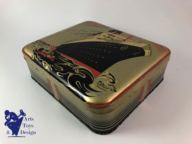 Antique tin biscuits box Company General Transatlantic Normandy 1935
