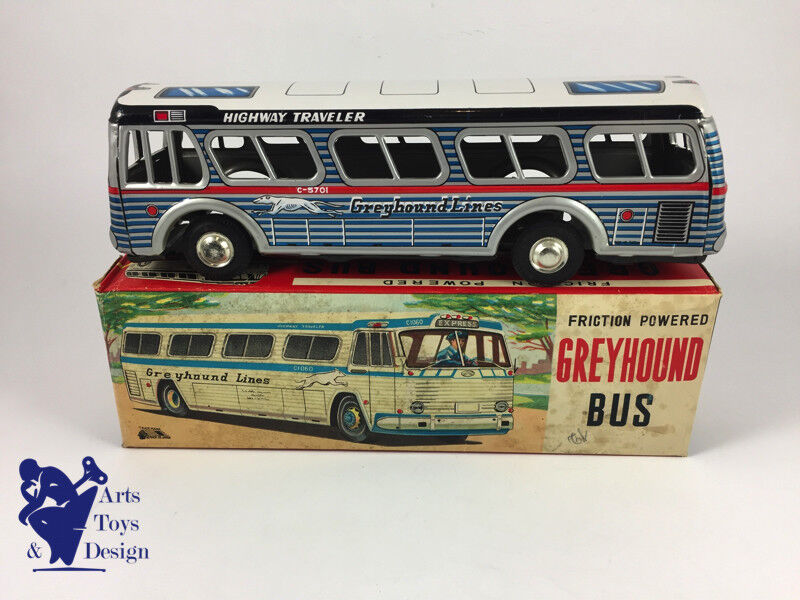 Antique toy Ichimura Japan tin bus Greyhound Friction 26cm C.1960