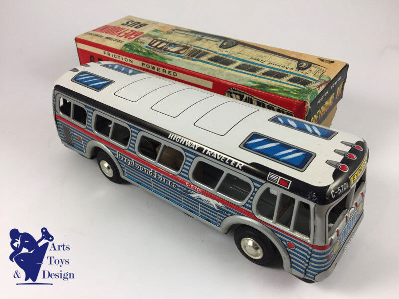 Antique toy Ichimura Japan tin bus Greyhound Friction 26cm C.1960