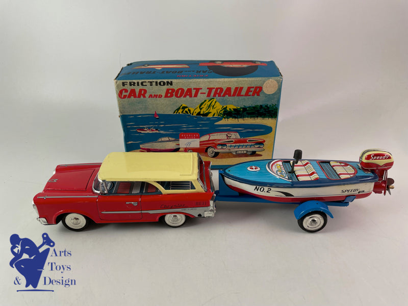 Antique toys Ichimura Japan Station Wagon with boat and trailer c.1960