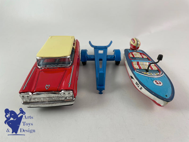 Antique toys Ichimura Japan Station Wagon with boat and trailer c.1960