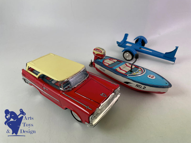 Antique toys Ichimura Japan Station Wagon with boat and trailer c.1960