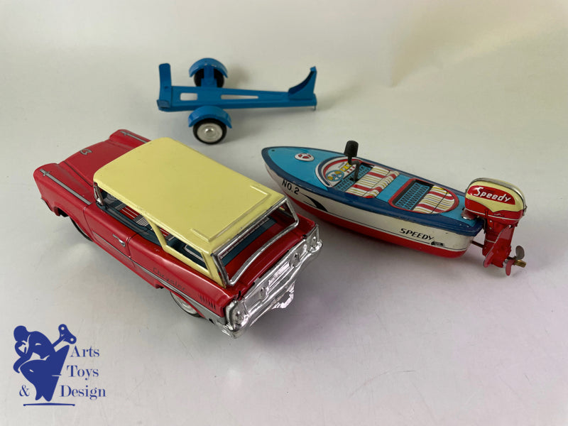 Antique toys Ichimura Japan Station Wagon with boat and trailer c.1960