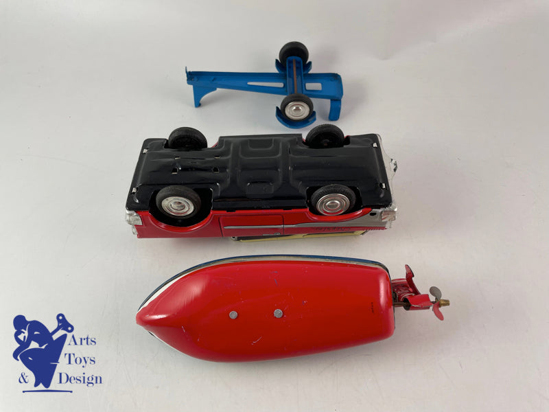 Antique toys Ichimura Japan Station Wagon with boat and trailer c.1960