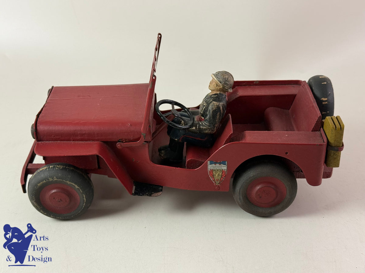 Antique toys JMR LORENZI RARE JEEP WOOD AND STEEL FIREFIGHTER WITH TRAILER L 43CM