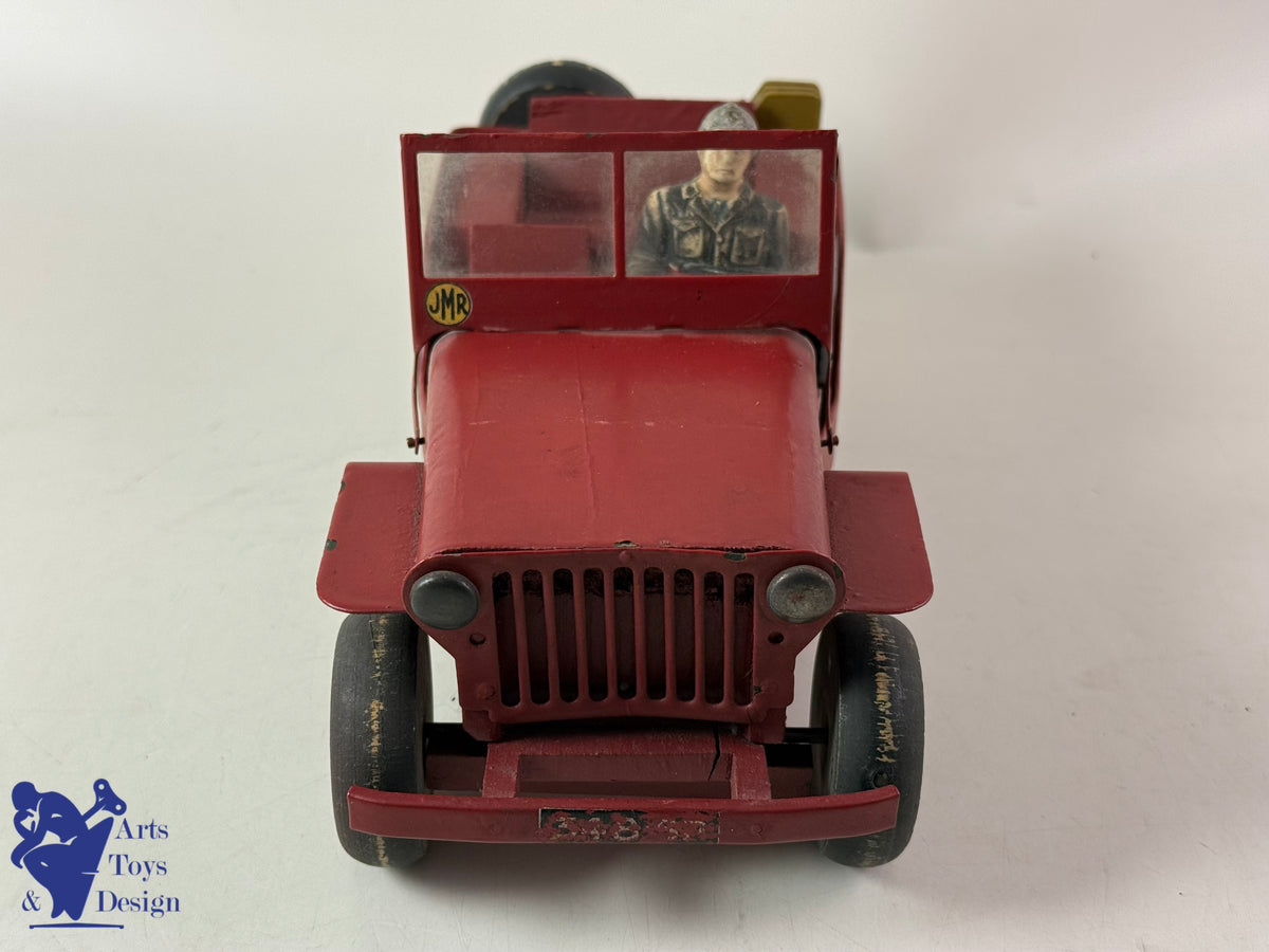 Antique toys JMR LORENZI RARE JEEP WOOD AND STEEL FIREFIGHTER WITH TRAILER L 43CM