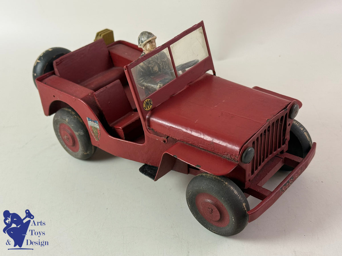Antique toys JMR LORENZI RARE JEEP WOOD AND STEEL FIREFIGHTER WITH TRAILER L 43CM