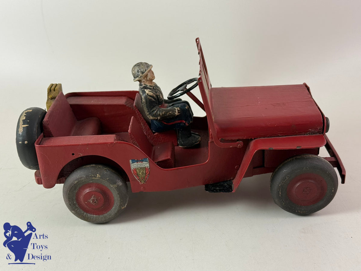 Antique toys JMR LORENZI RARE JEEP WOOD AND STEEL FIREFIGHTER WITH TRAILER L 43CM