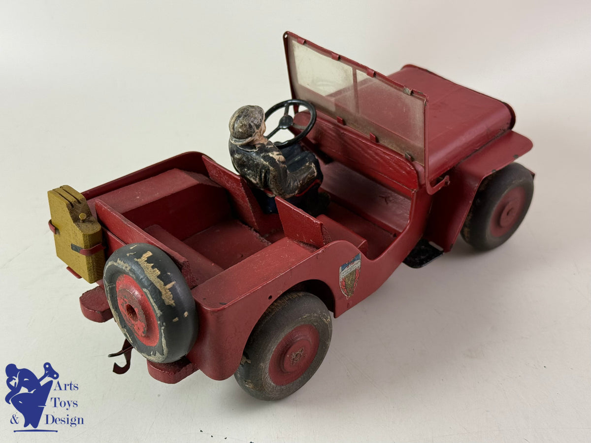 Antique toys JMR LORENZI RARE JEEP WOOD AND STEEL FIREFIGHTER WITH TRAILER L 43CM