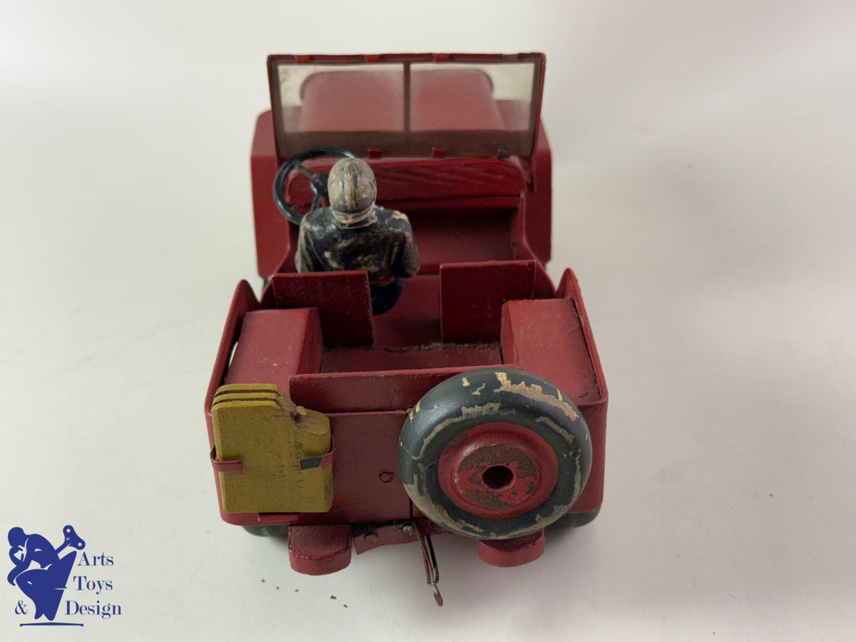 Antique toys JMR LORENZI RARE JEEP WOOD AND STEEL FIREFIGHTER WITH TRAILER L 43CM