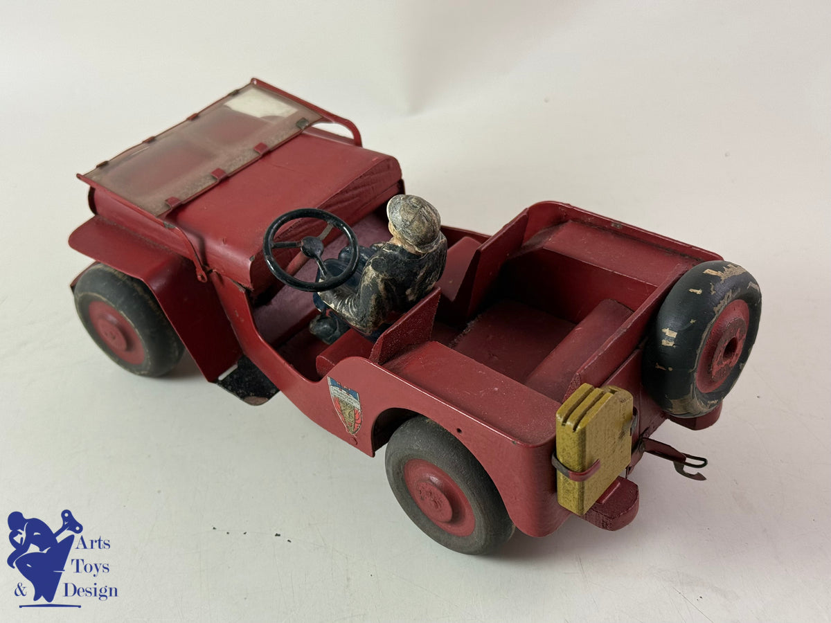 Antique toys JMR LORENZI RARE JEEP WOOD AND STEEL FIREFIGHTER WITH TRAILER L 43CM