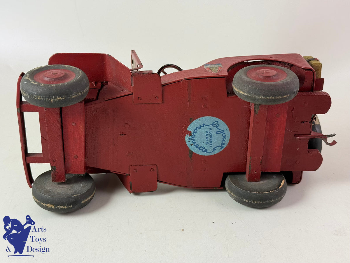 Antique toys JMR LORENZI RARE JEEP WOOD AND STEEL FIREFIGHTER WITH TRAILER L 43CM