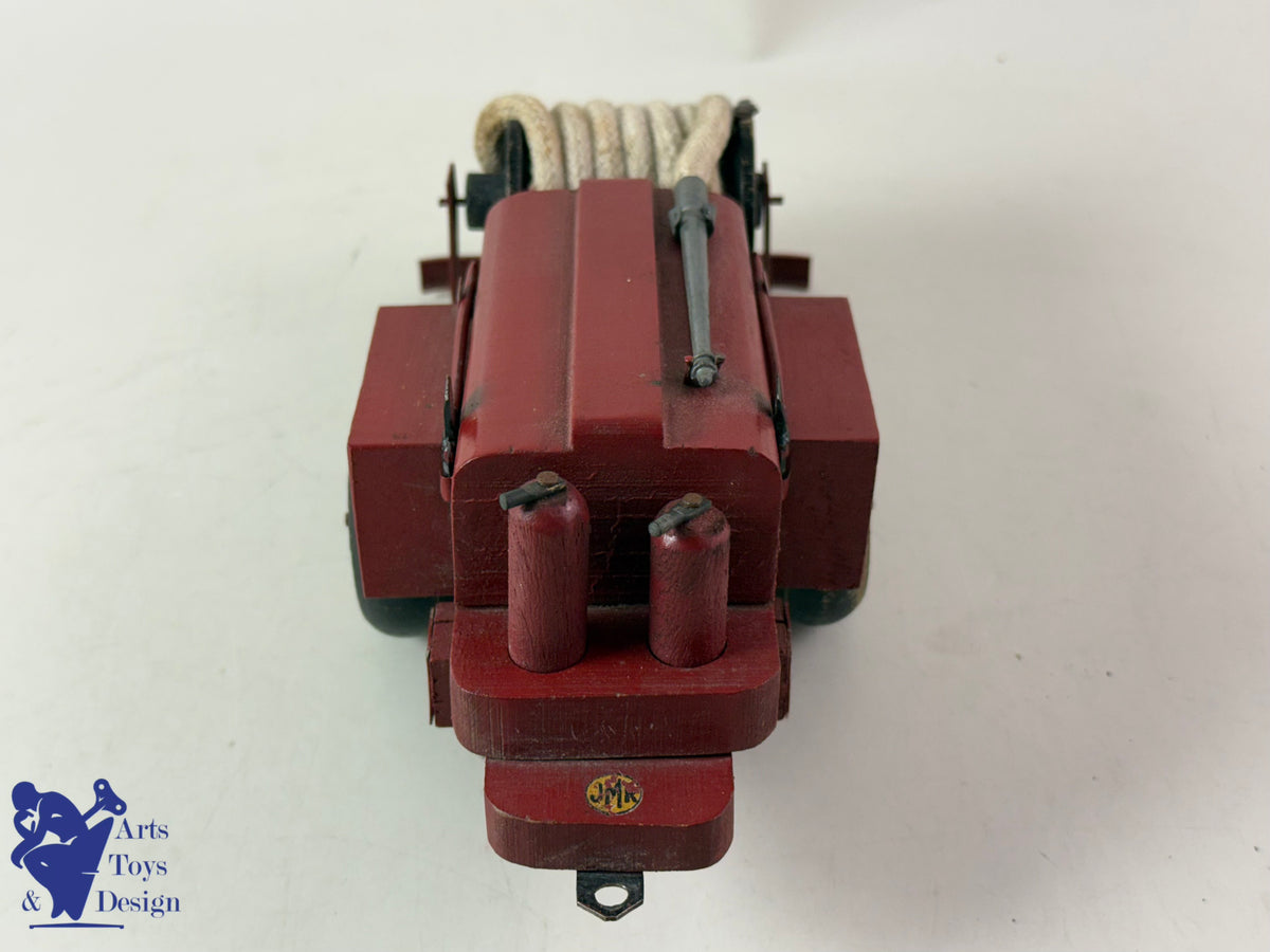 Antique toys JMR LORENZI RARE JEEP WOOD AND STEEL FIREFIGHTER WITH TRAILER L 43CM