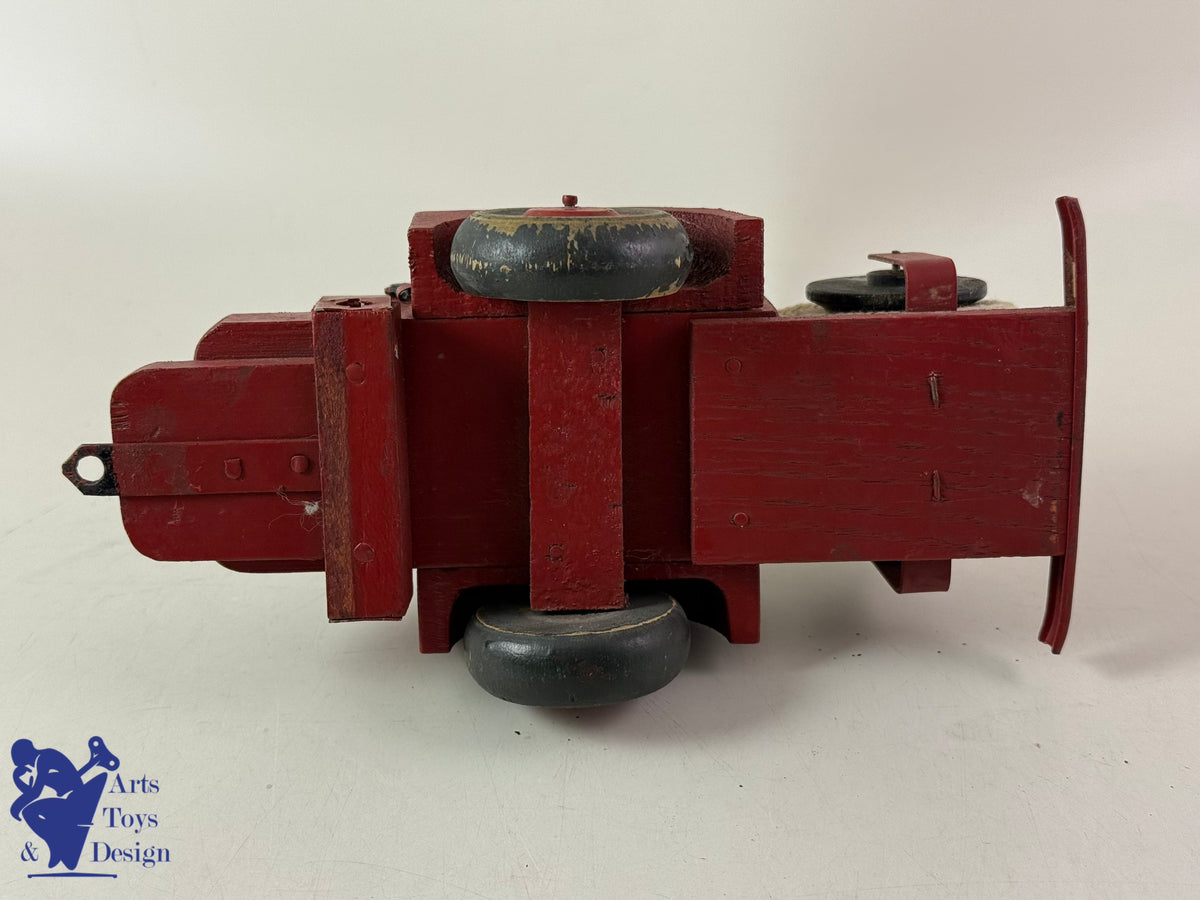 Antique toys JMR LORENZI RARE JEEP WOOD AND STEEL FIREFIGHTER WITH TRAILER L 43CM