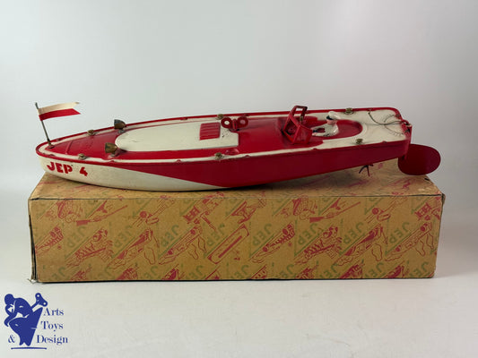 Antique toys JEP 911-4 RED CLOCKWORK RACING CANOT BOAT 1935 47CM