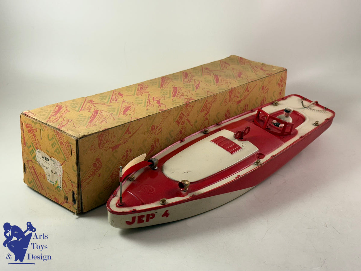 Antique toys JEP 911-4 RED CLOCKWORK RACING CANOT BOAT 1935 47CM
