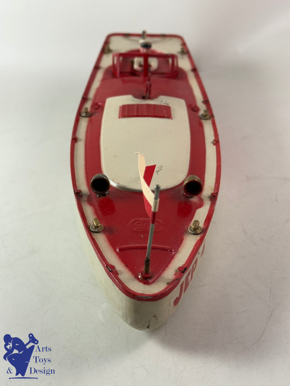 Antique toys JEP 911-4 RED CLOCKWORK RACING CANOT BOAT 1935 47CM