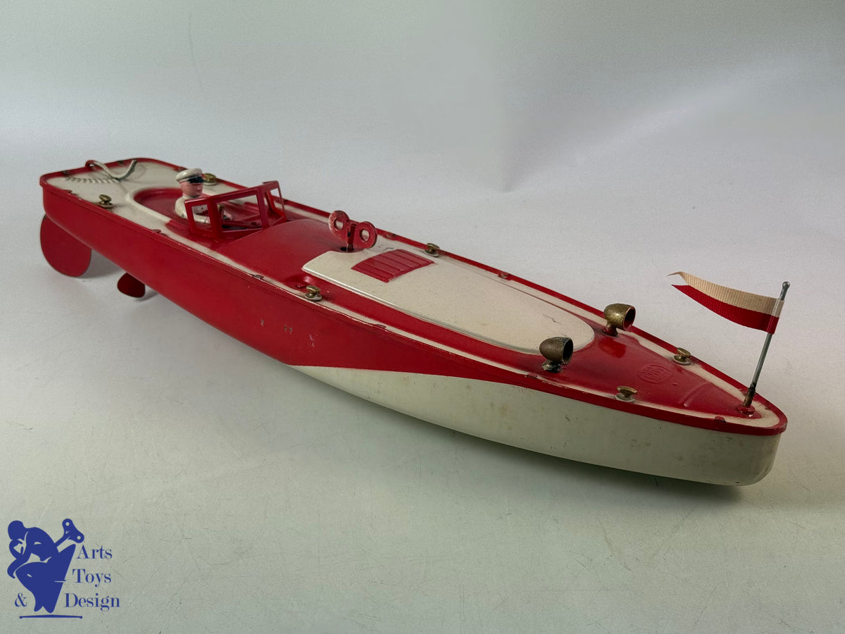 Antique toys JEP 911-4 RED CLOCKWORK RACING CANOT BOAT 1935 47CM