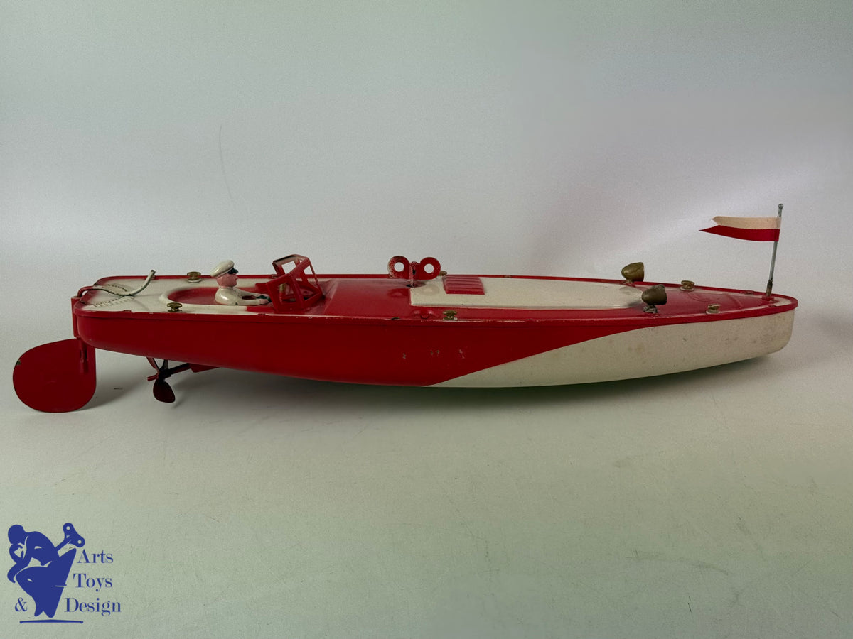 Antique toys JEP 911-4 RED CLOCKWORK RACING CANOT BOAT 1935 47CM