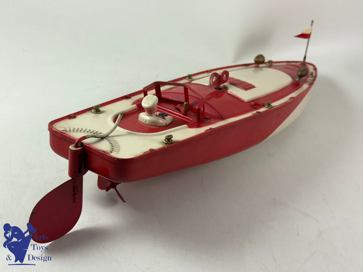Antique toys JEP 911-4 RED CLOCKWORK RACING CANOT BOAT 1935 47CM