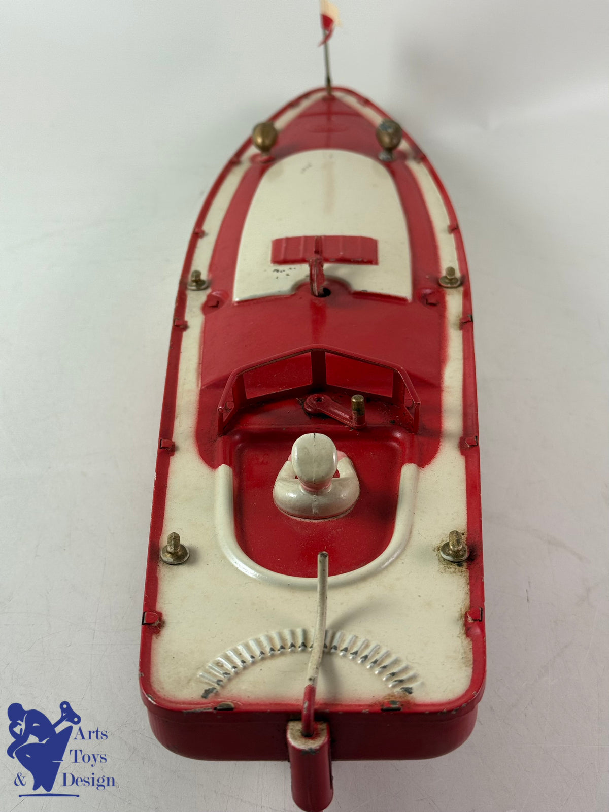 Antique toys JEP 911-4 RED CLOCKWORK RACING CANOT BOAT 1935 47CM