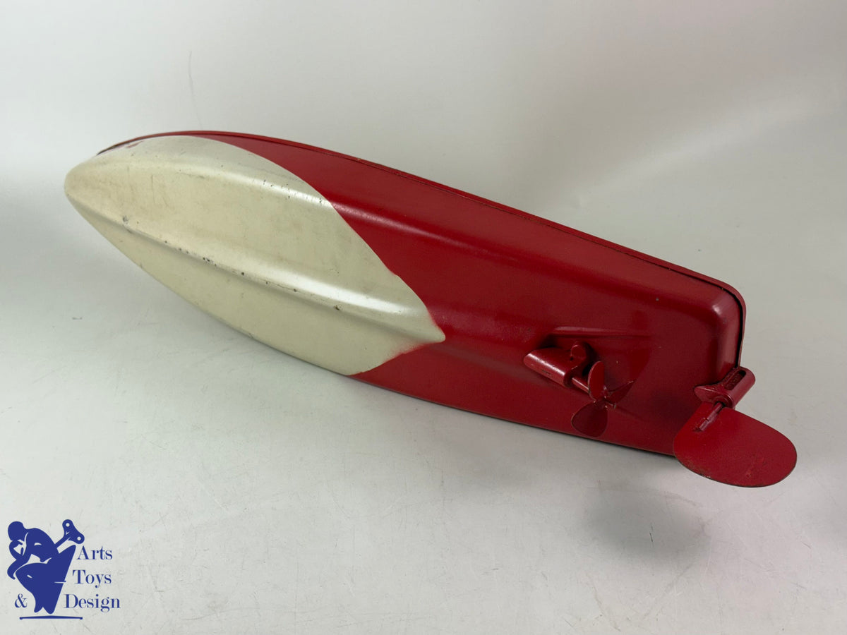 Antique toys JEP 911-4 RED CLOCKWORK RACING CANOT BOAT 1935 47CM