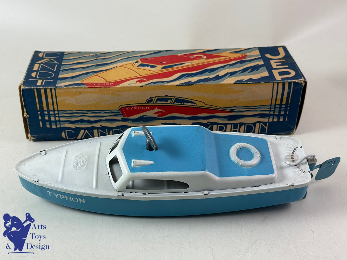 Antique toys JEP 912-2 CLOCKWORK TYPHON CANOT BOAT 1950 32CM