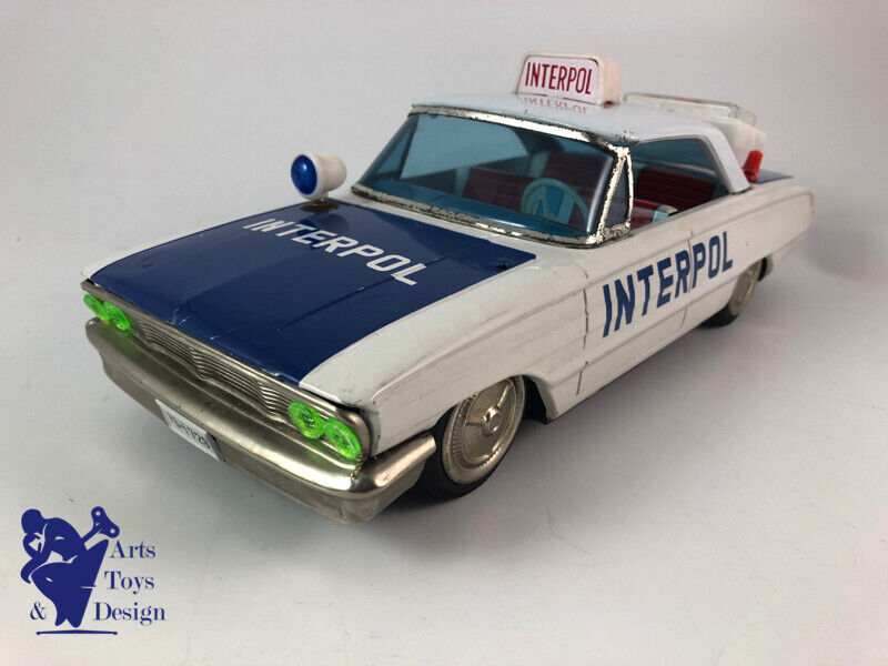 Antique toy Ichiko Ford Galaxie Police Car Interpol Friction Tin Japan 33cm